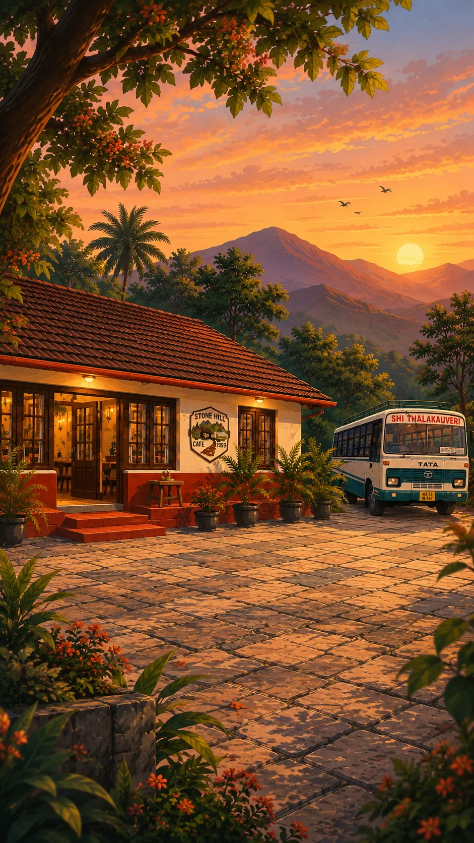 Illustration of Stone Hill at sunset: a tiled-roof house with lit windows, a paved courtyard, the parked bus, and the Coorg hills beyond.
