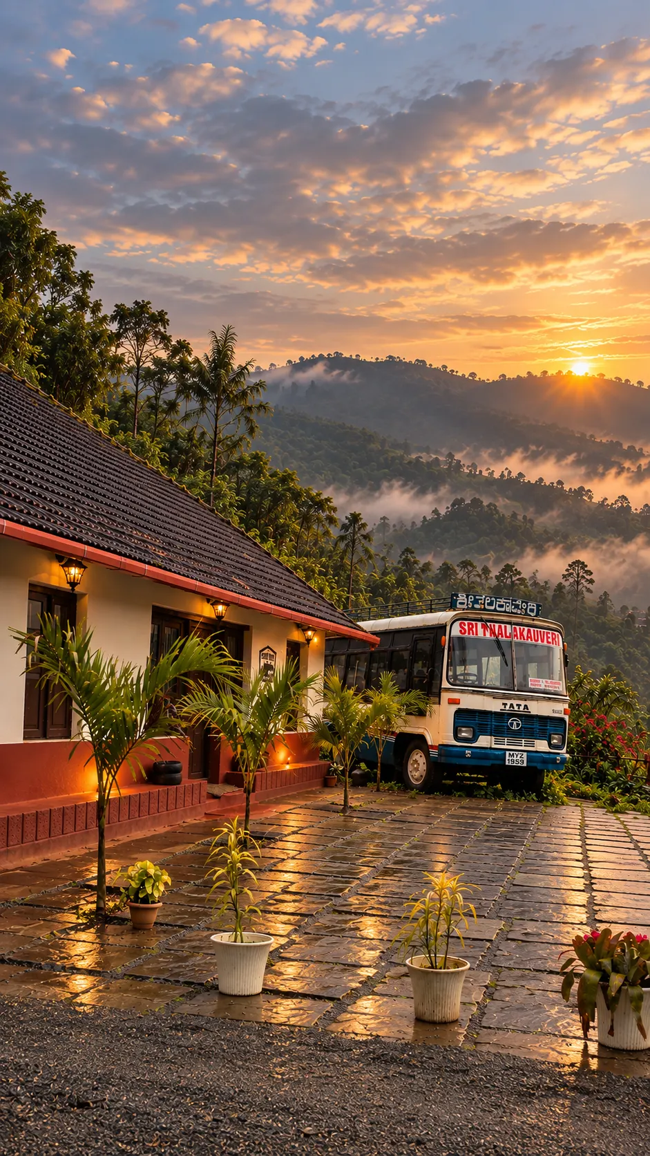Illustration of Stone Hill at sunset: a tiled-roof house with lit windows, a paved courtyard, the parked bus, and the Coorg hills beyond.